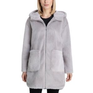 BCBGeneration Womens Hooded Faux-Fur Coat Gray Haze Small NWT
